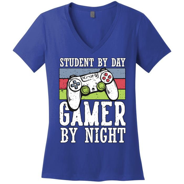 Cool Gaming Student By Day Gamer By Night Funny Quote Front Great Gift Women's V-Neck T-Shirt