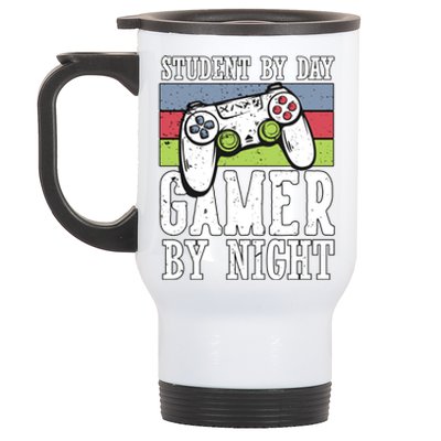 Cool Gaming Student By Day Gamer By Night Funny Quote Front Great Gift Stainless Steel Travel Mug