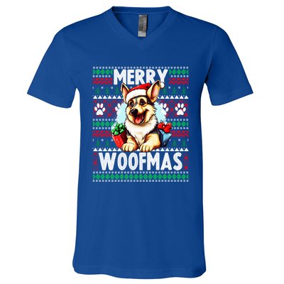 Cute Ger Shepherd Dog Christmas Costume Merry Woofmas Gift V-Neck T-Shirt