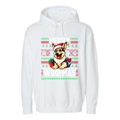 Cute Ger Shepherd Dog Christmas Costume Merry Woofmas Gift Garment-Dyed Fleece Hoodie