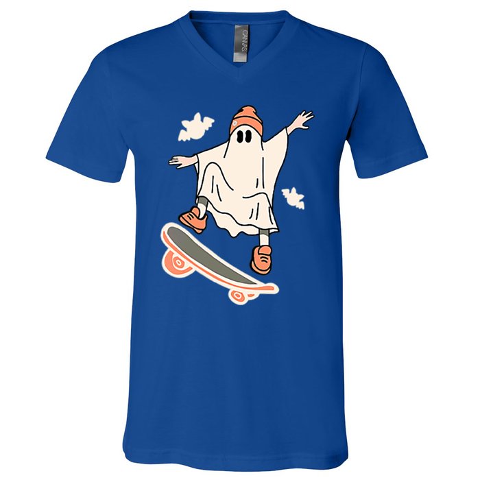 Cool Ghost Skateboard Boo Bat Pocket Halloween Spooky Season Cool Gift V-Neck T-Shirt