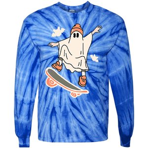 Cool Ghost Skateboard Boo Bat Pocket Halloween Spooky Season Cool Gift Tie-Dye Long Sleeve Shirt