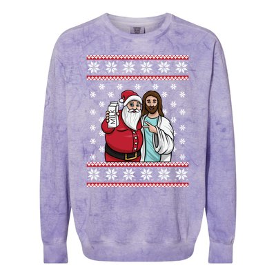 Christmas Graphic Santa And Jesus Jingle Bros Milk Food Ugly Gift Colorblast Crewneck Sweatshirt