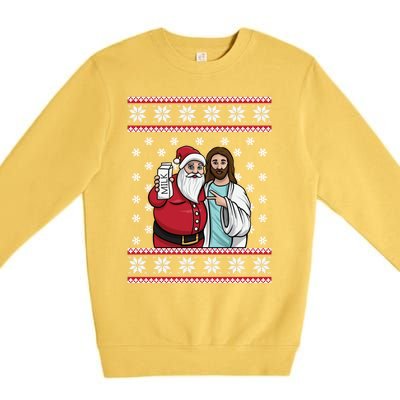 Christmas Graphic Santa And Jesus Jingle Bros Milk Food Ugly Gift Premium Crewneck Sweatshirt