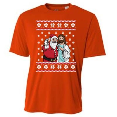 Christmas Graphic Santa And Jesus Jingle Bros Milk Food Ugly Gift Cooling Performance Crew T-Shirt