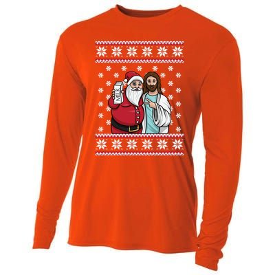 Christmas Graphic Santa And Jesus Jingle Bros Milk Food Ugly Gift Cooling Performance Long Sleeve Crew