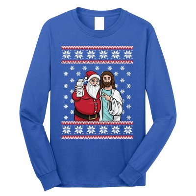 Christmas Graphic Santa And Jesus Jingle Bros Milk Food Ugly Gift Long Sleeve Shirt