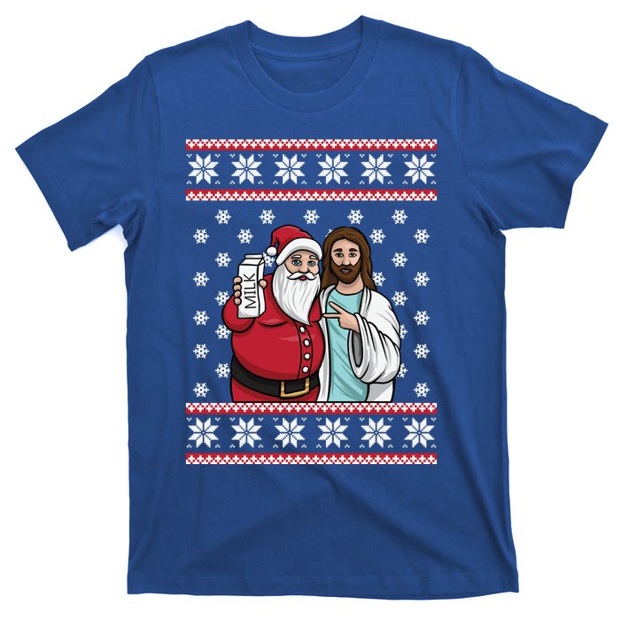 Christmas Graphic Santa And Jesus Jingle Bros Milk Food Ugly Gift T-Shirt