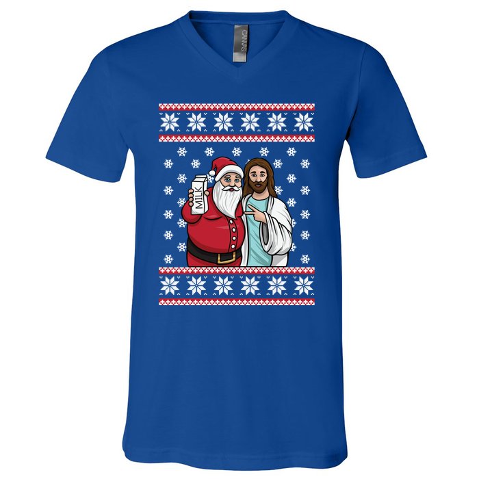 Christmas Graphic Santa And Jesus Jingle Bros Milk Food Ugly Gift V-Neck T-Shirt