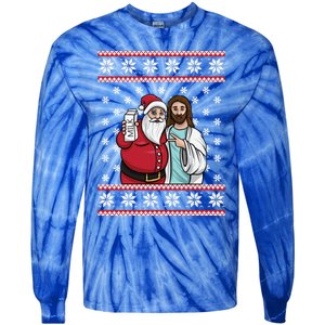 Christmas Graphic Santa And Jesus Jingle Bros Milk Food Ugly Gift Tie-Dye Long Sleeve Shirt