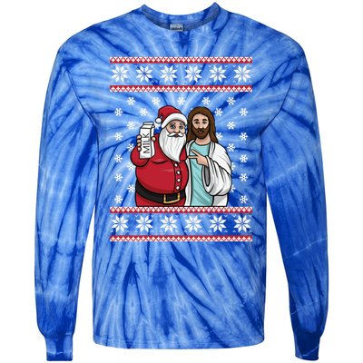 Christmas Graphic Santa And Jesus Jingle Bros Milk Food Ugly Gift Tie-Dye Long Sleeve Shirt