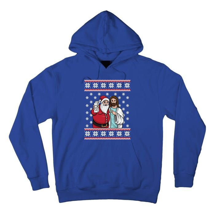 Christmas Graphic Santa And Jesus Jingle Bros Milk Food Ugly Gift Tall Hoodie