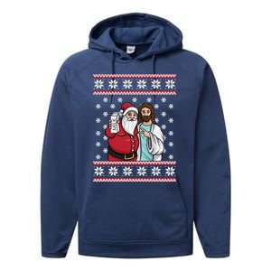 Christmas Graphic Santa And Jesus Jingle Bros Milk Food Ugly Gift Performance Fleece Hoodie