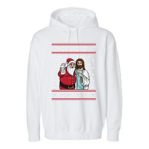 Christmas Graphic Santa And Jesus Jingle Bros Milk Food Ugly Gift Garment-Dyed Fleece Hoodie