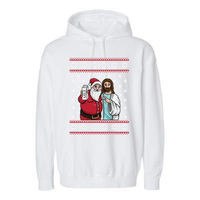 Christmas Graphic Santa And Jesus Jingle Bros Milk Food Ugly Gift Garment-Dyed Fleece Hoodie