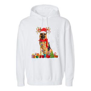 Cute Ger Shepherd Dog Christmas Lights Xmas Santa Hat Gift Garment-Dyed Fleece Hoodie