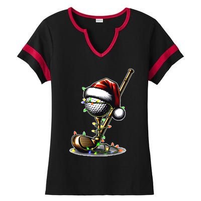 Christmas Golf Santa Hat Lights Graphic Golf Player Costume Funny Gift Ladies Halftime Notch Neck Tee