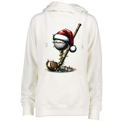 Christmas Golf Santa Hat Lights Graphic Golf Player Costume Funny Gift Womens Funnel Neck Pullover Hood