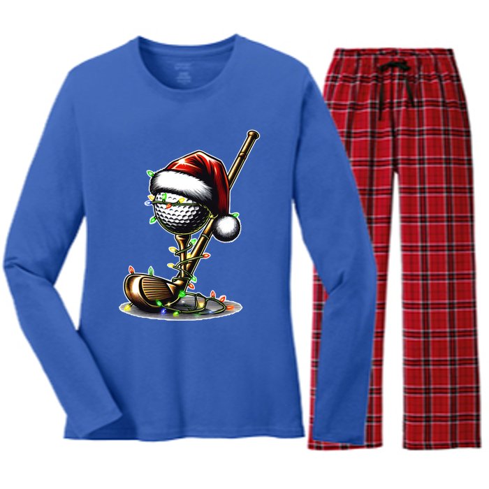 Christmas Golf Santa Hat Lights Graphic Golf Player Costume Funny Gift Women's Long Sleeve Flannel Pajama Set 