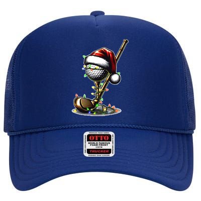 Christmas Golf Santa Hat Lights Graphic Golf Player Costume Funny Gift High Crown Mesh Back Trucker Hat