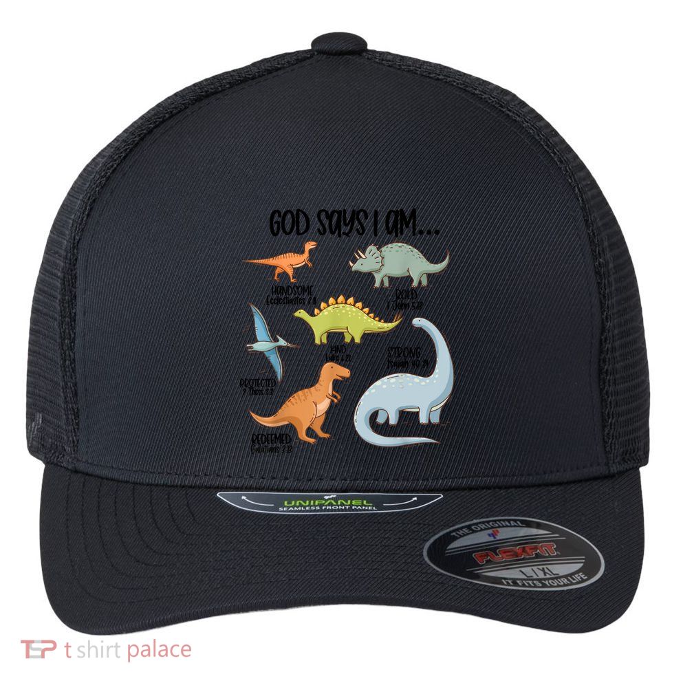Cute God Says I Am Vintage Dinosaur Funny Flexfit Unipanel Trucker Cap
