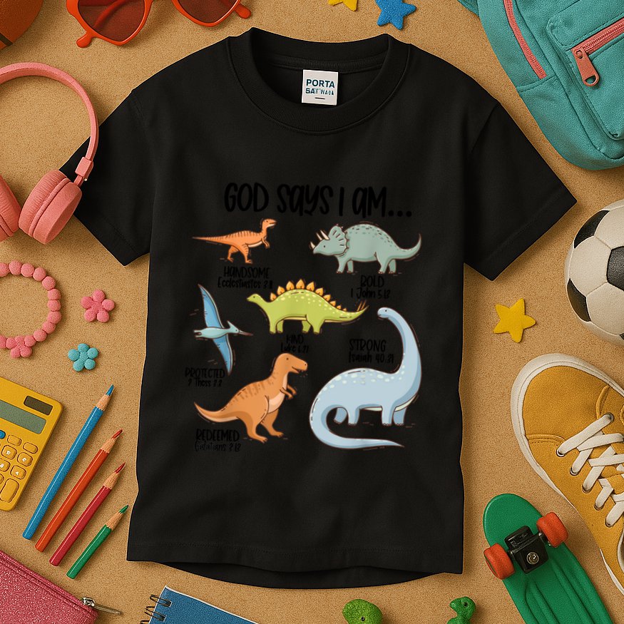 Cute God Says I Am Vintage Dinosaur Funny Kids T-Shirt