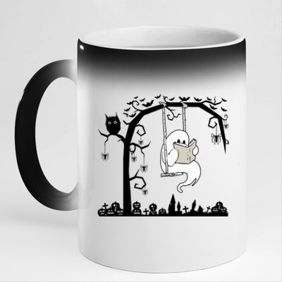 Cute Ghost Swinging Reading Book Halloween Ghost Reading Meaningful Gift 11oz Black Color Changing Mug