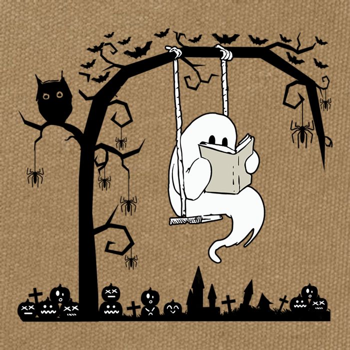 Cute Ghost Swinging Reading Book Halloween Ghost Reading Meaningful Gift Cotton Canvas Backpack