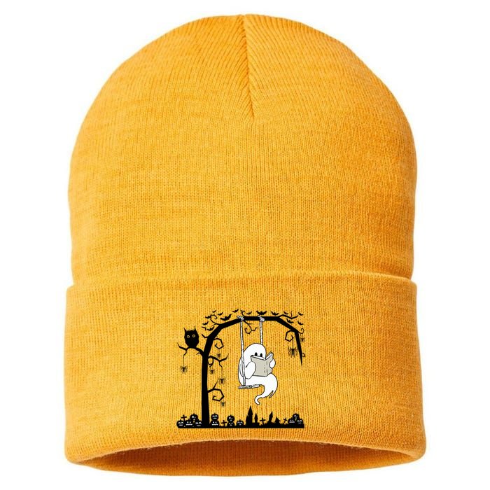 Cute Ghost Swinging Reading Book Halloween Ghost Reading Meaningful Gift Sustainable Knit Beanie