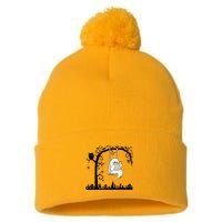 Cute Ghost Swinging Reading Book Halloween Ghost Reading Meaningful Gift Pom Pom 12in Knit Beanie