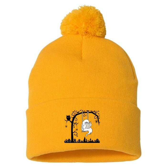 Cute Ghost Swinging Reading Book Halloween Ghost Reading Meaningful Gift Pom Pom 12in Knit Beanie