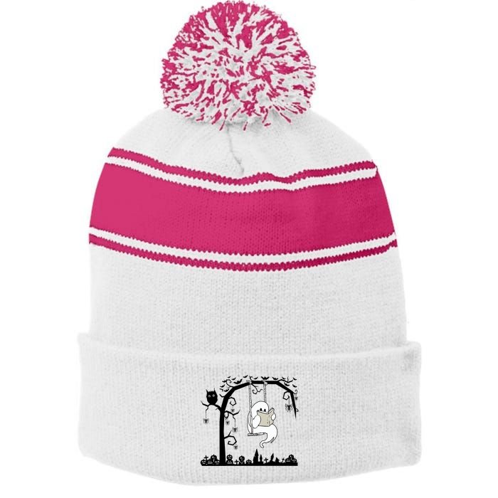 Cute Ghost Swinging Reading Book Halloween Ghost Reading Meaningful Gift Stripe Pom Pom Beanie