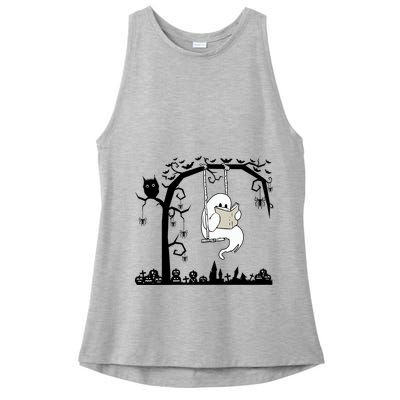 Cute Ghost Swinging Reading Book Halloween Ghost Reading Meaningful Gift Ladies PosiCharge Tri-Blend Wicking Tank