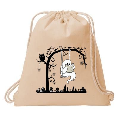 Cute Ghost Swinging Reading Book Halloween Ghost Reading Meaningful Gift Drawstring Bag
