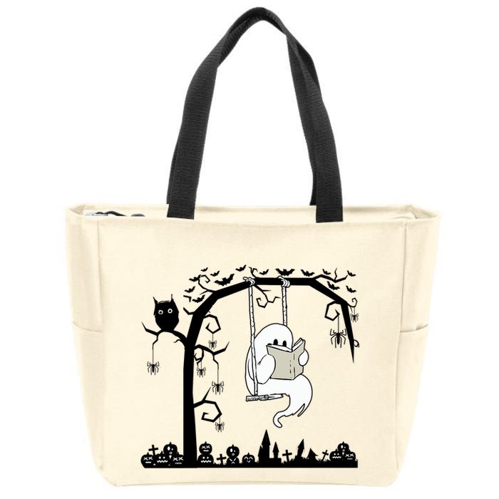 Cute Ghost Swinging Reading Book Halloween Ghost Reading Meaningful Gift Zip Tote Bag