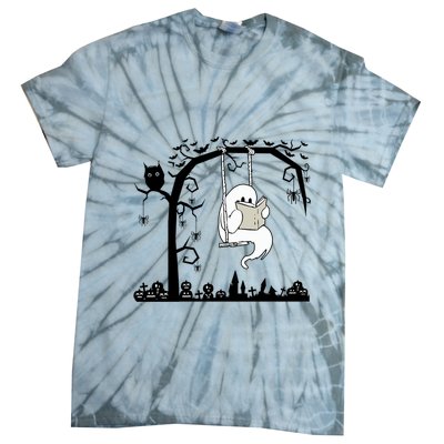 Cute Ghost Swinging Reading Book Halloween Ghost Reading Meaningful Gift Tie-Dye T-Shirt