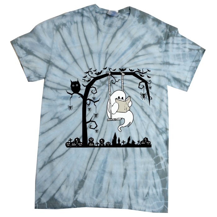 Cute Ghost Swinging Reading Book Halloween Ghost Reading Meaningful Gift Tie-Dye T-Shirt