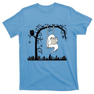 Cute Ghost Swinging Reading Book Halloween Ghost Reading Meaningful Gift T-Shirt