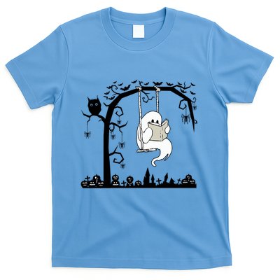 Cute Ghost Swinging Reading Book Halloween Ghost Reading Meaningful Gift T-Shirt
