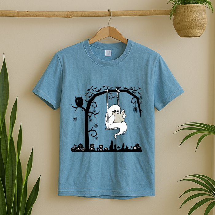 Cute Ghost Swinging Reading Book Halloween Ghost Reading Meaningful Gift T-Shirt
