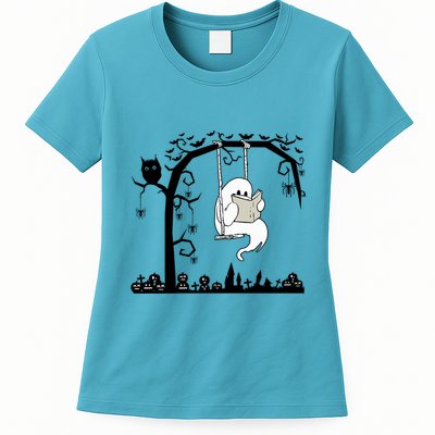 Cute Ghost Swinging Reading Book Halloween Ghost Reading Meaningful Gift Womens T-Shirt