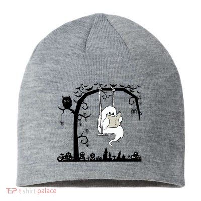 Cute Ghost Swinging Reading Book Halloween Ghost Reading Meaningful Gift Sustainable Beanie