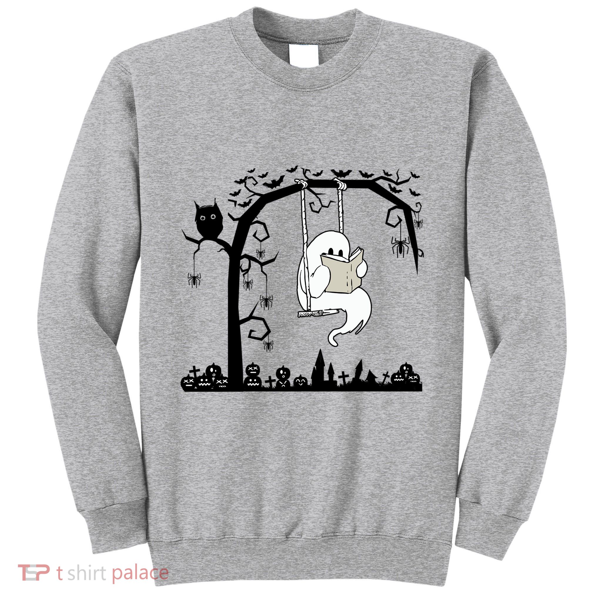 Cute Ghost Swinging Reading Book Halloween Ghost Reading Meaningful Gift Tall Sweatshirt