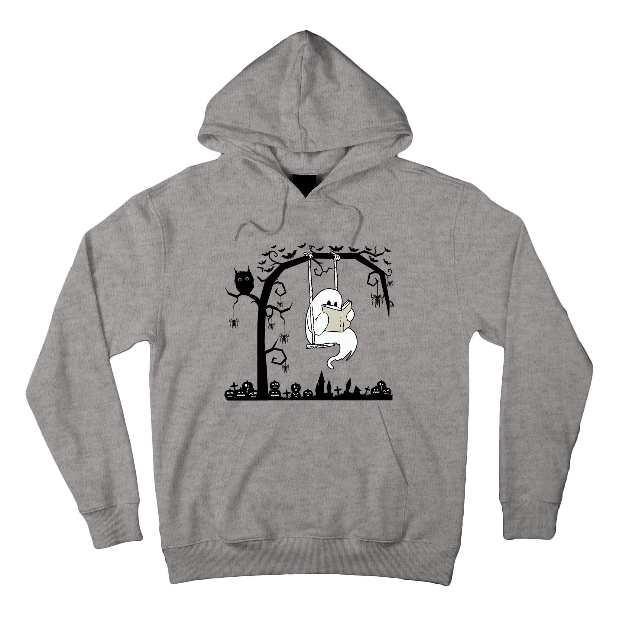 Cute Ghost Swinging Reading Book Halloween Ghost Reading Meaningful Gift Tall Hoodie