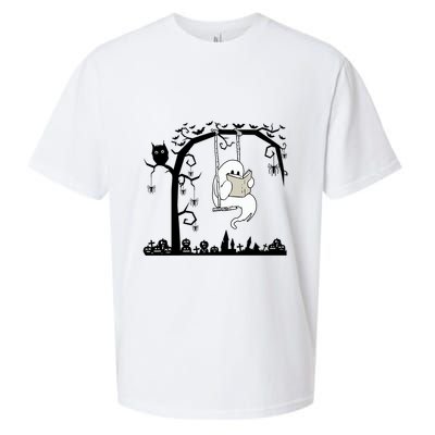 Cute Ghost Swinging Reading Book Halloween Ghost Reading Meaningful Gift Sueded Cloud Jersey T-Shirt