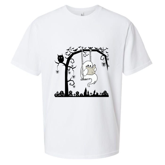 Cute Ghost Swinging Reading Book Halloween Ghost Reading Meaningful Gift Sueded Cloud Jersey T-Shirt