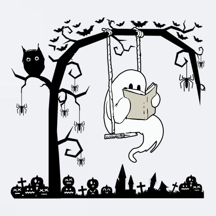 Cute Ghost Swinging Reading Book Halloween Ghost Reading Meaningful Gift Sueded Cloud Jersey T-Shirt
