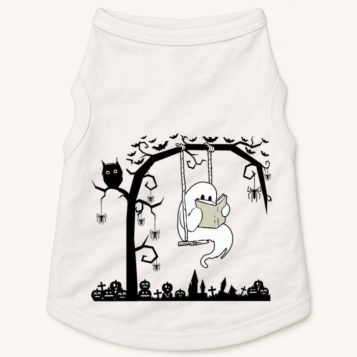 Cute Ghost Swinging Reading Book Halloween Ghost Reading Meaningful Gift Doggie Tank