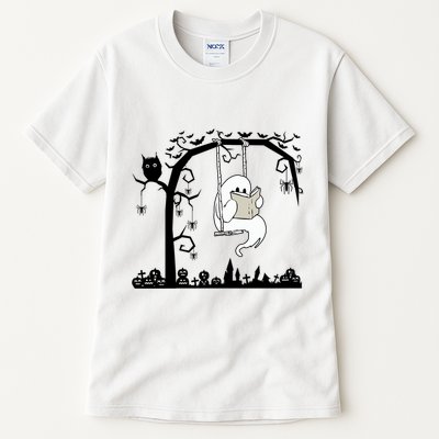 Cute Ghost Swinging Reading Book Halloween Ghost Reading Meaningful Gift Tall T-Shirt