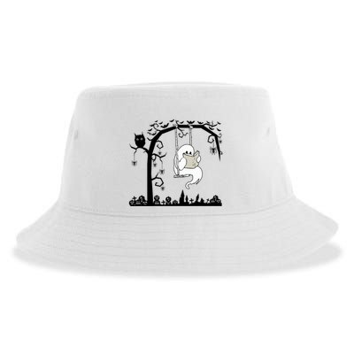 Cute Ghost Swinging Reading Book Halloween Ghost Reading Meaningful Gift Sustainable Bucket Hat